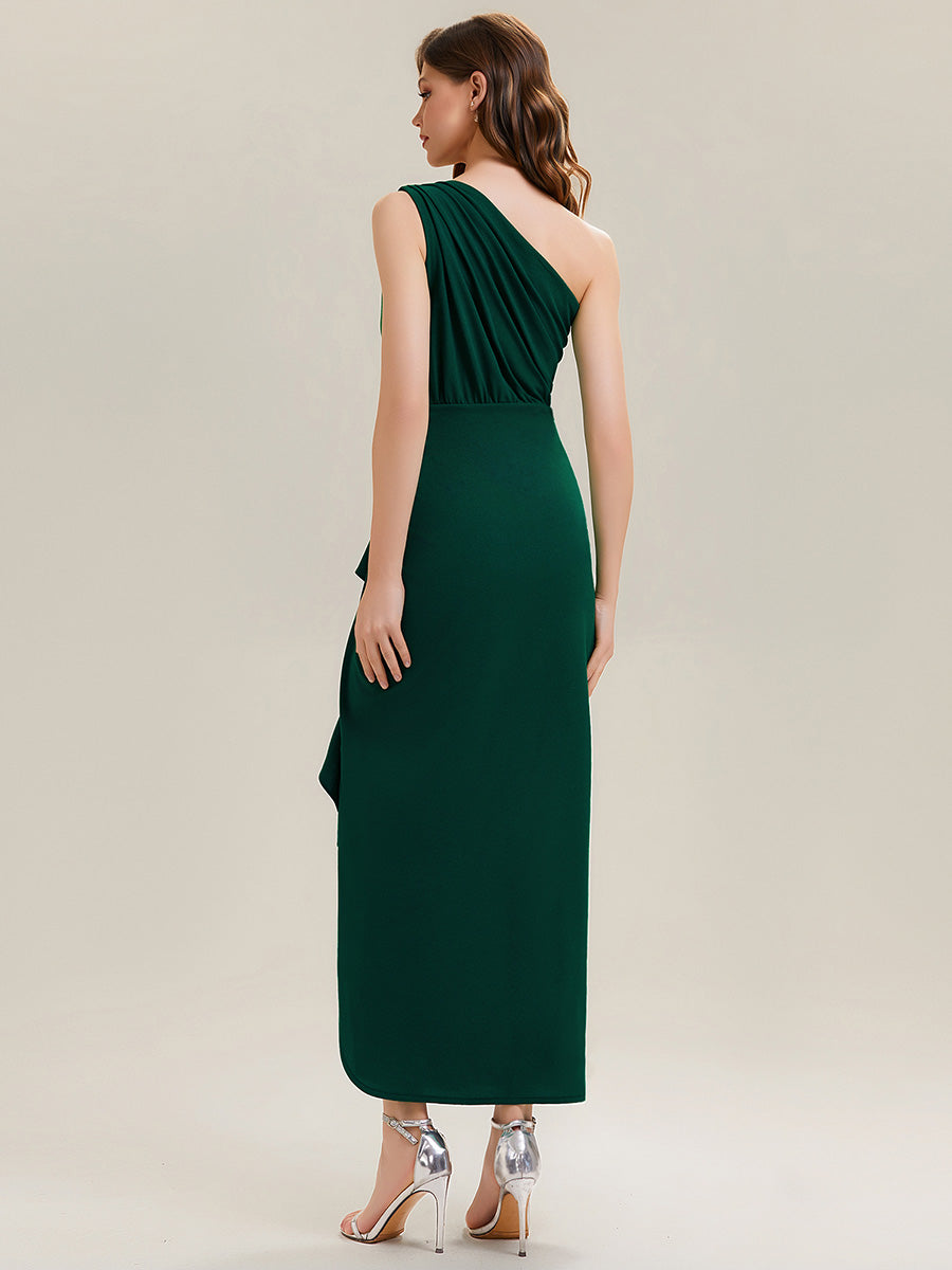 Robe moulante sans manches à épaule dénudée en tissu extensible avec fente haute et détails volants #Couleur_Vert Fonce