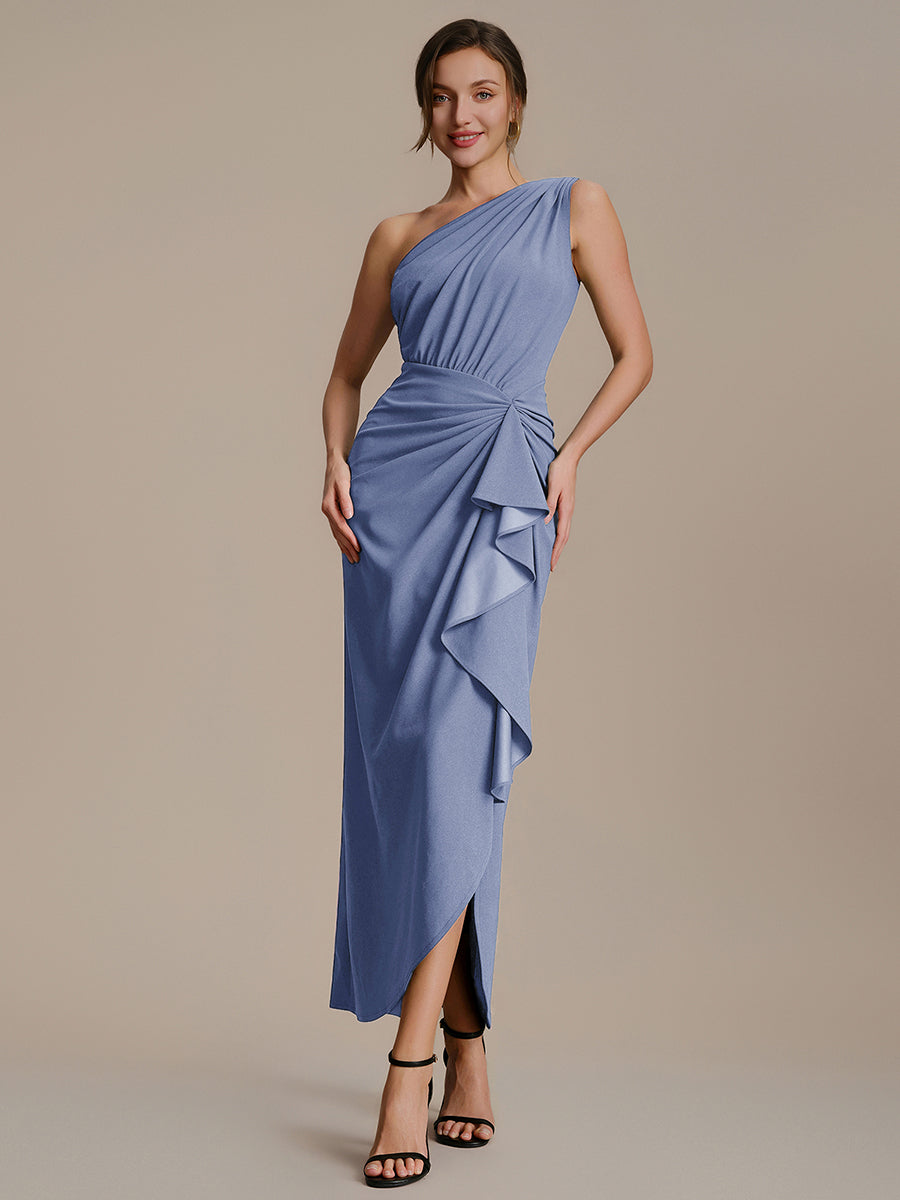 Robe moulante sans manches à épaule dénudée en tissu extensible avec fente haute et détails volants #Couleur_Marine Fume