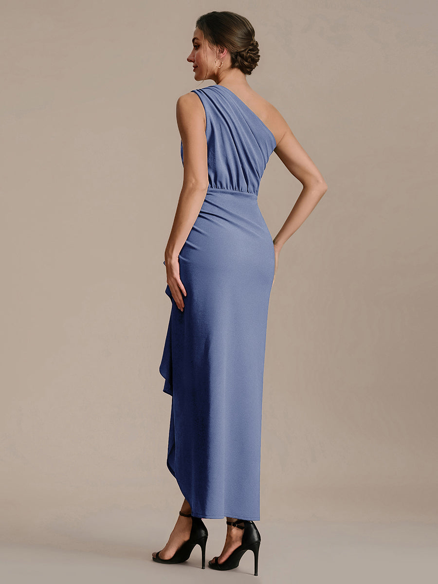 Robe moulante sans manches à épaule dénudée en tissu extensible avec fente haute et détails volants #Couleur_Marine Fume