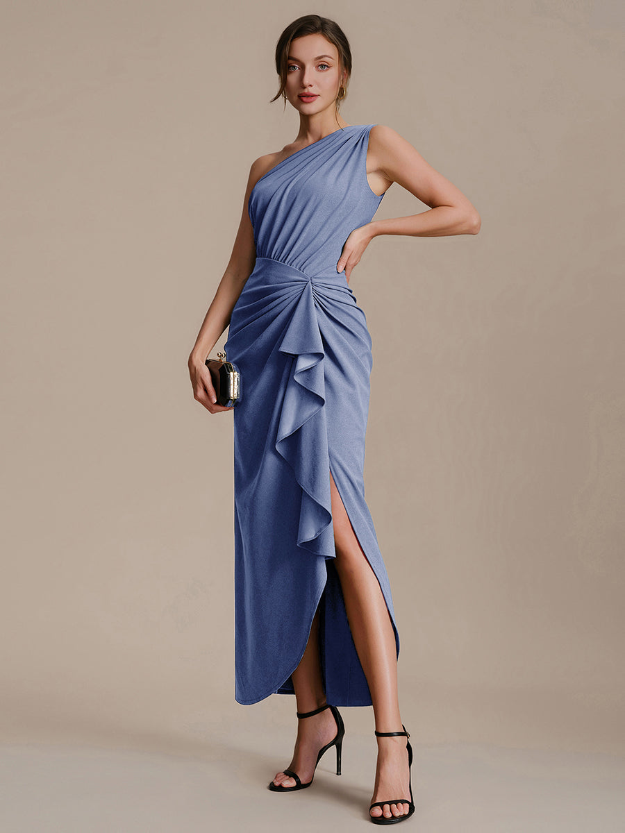 Robe moulante sans manches à épaule dénudée en tissu extensible avec fente haute et détails volants #Couleur_Marine Fume