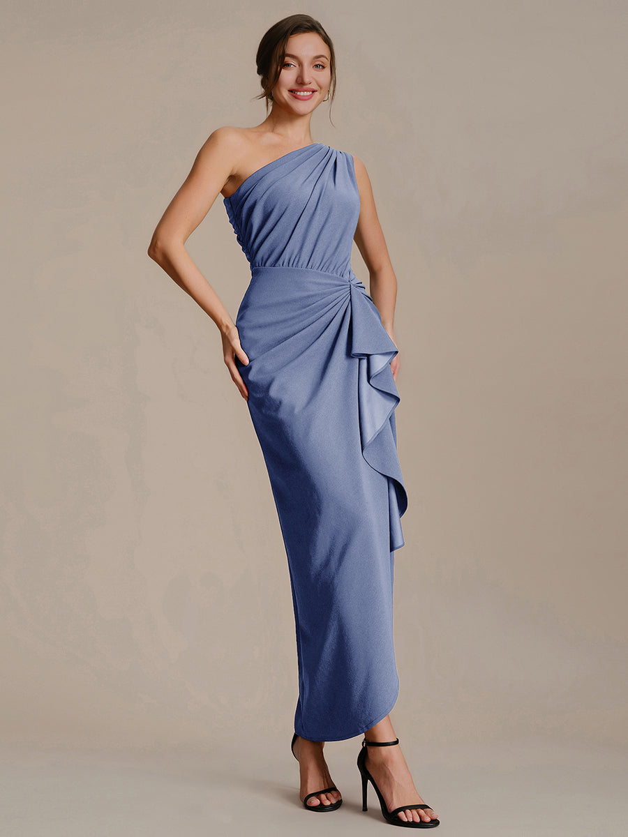 Robe moulante sans manches à épaule dénudée en tissu extensible avec fente haute et détails volants #Couleur_Marine Fume