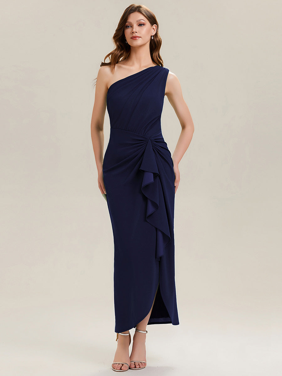 Robe moulante sans manches à épaule dénudée en tissu extensible avec fente haute et détails volants #Couleur_Bleu Marine