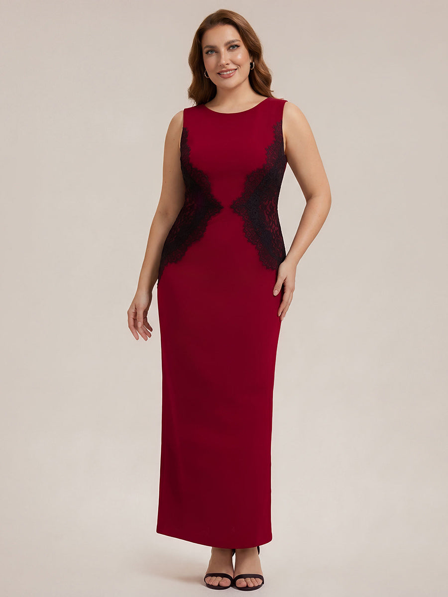 Robe maxi moulante sans bretelles en jersey extensible avec col rond et dentelle à frange #Couleur_Rouge Foncé