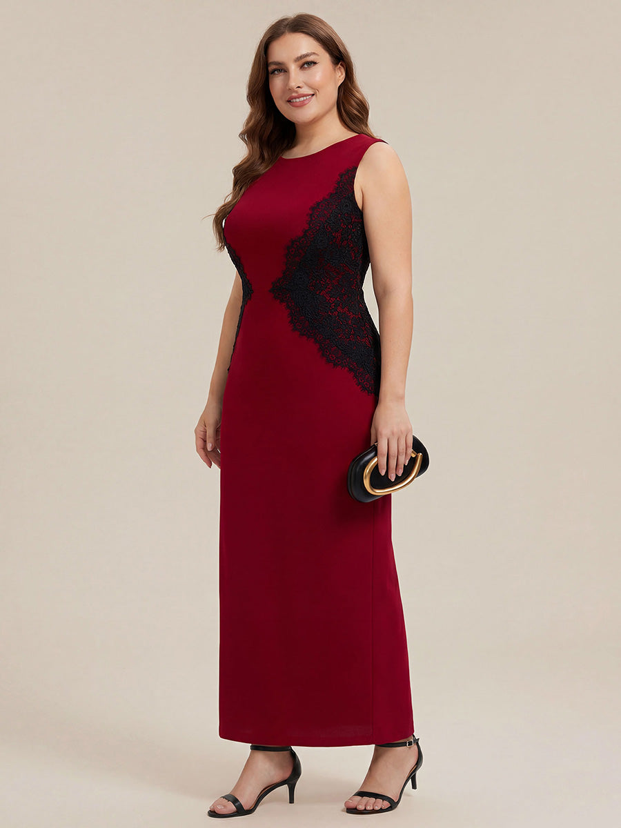 Robe maxi moulante sans bretelles en jersey extensible avec col rond et dentelle à frange #Couleur_Rouge Foncé