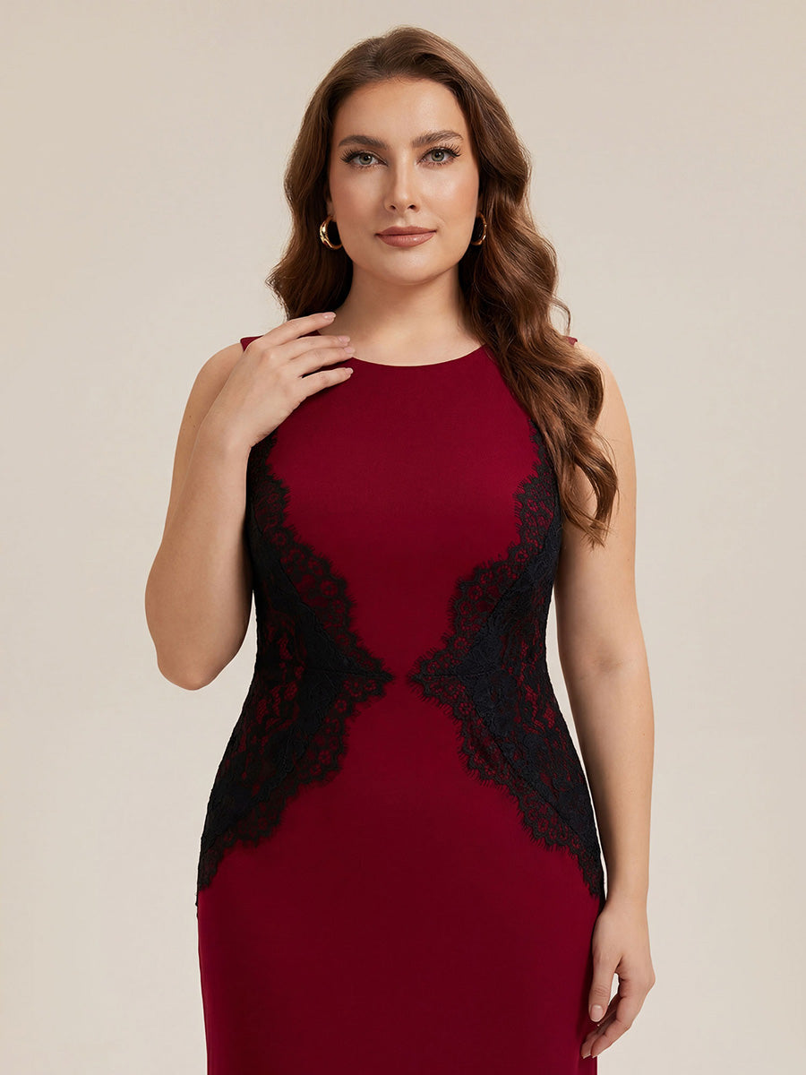 Robe maxi moulante sans bretelles en jersey extensible avec col rond et dentelle à frange #Couleur_Rouge Foncé