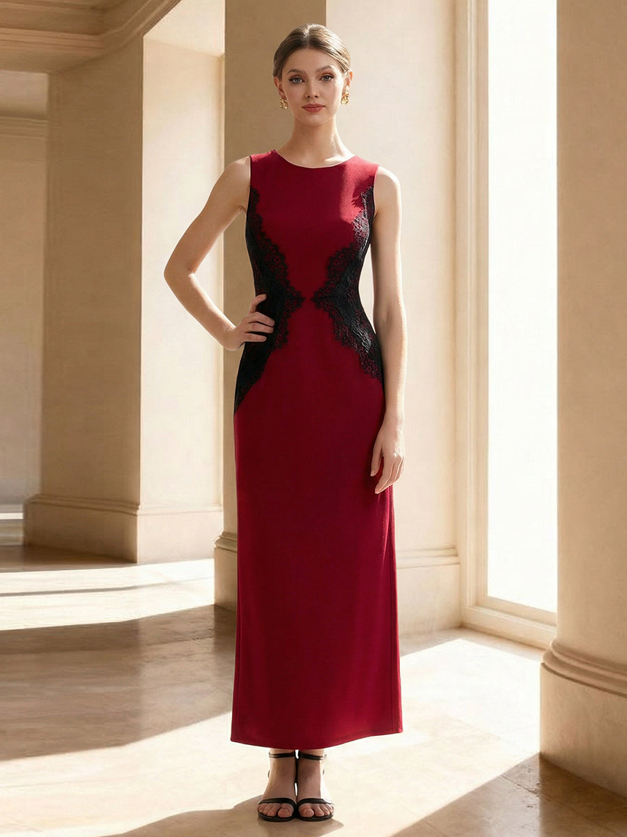 Robe maxi moulante sans bretelles en jersey extensible avec col rond et dentelle à frange #Couleur_Rouge Foncé