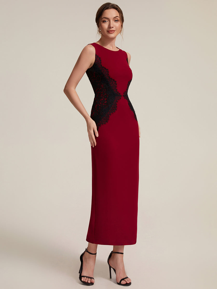 Robe maxi moulante sans bretelles en jersey extensible avec col rond et dentelle à frange #Couleur_Rouge Foncé