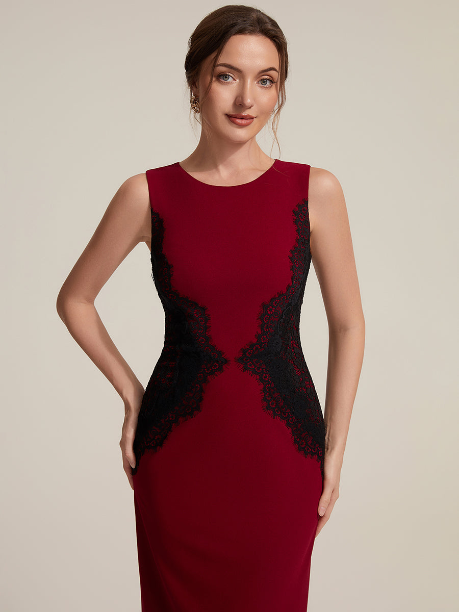 Robe maxi moulante sans bretelles en jersey extensible avec col rond et dentelle à frange #Couleur_Rouge Foncé