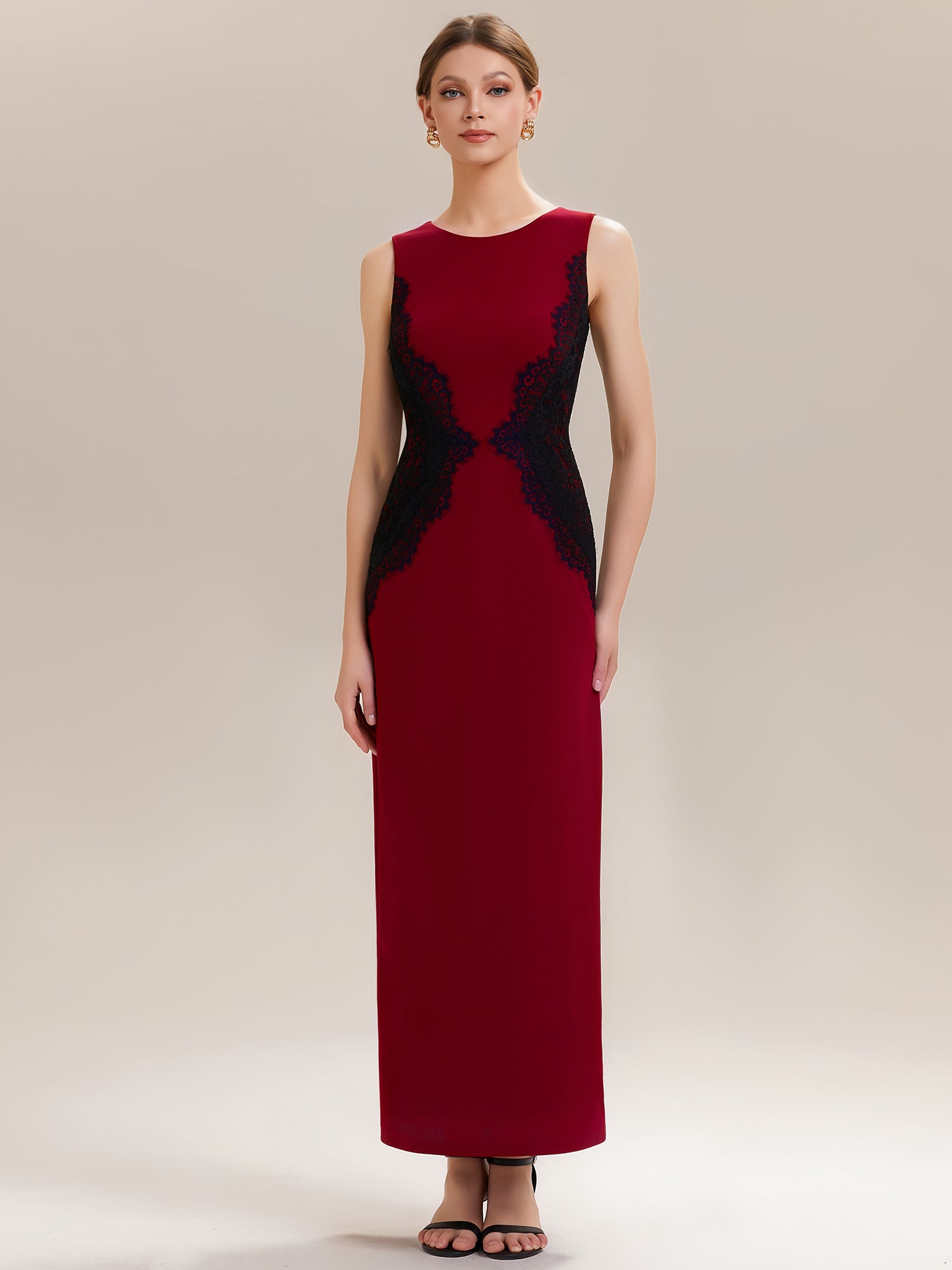Robe maxi moulante sans bretelles en jersey extensible avec col rond et dentelle à frange #Couleur_Rouge Foncé