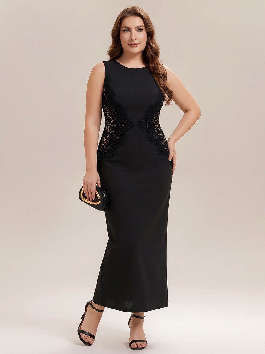 Robe maxi moulante sans bretelles en jersey extensible avec col rond et dentelle à frange #Couleur_Noir