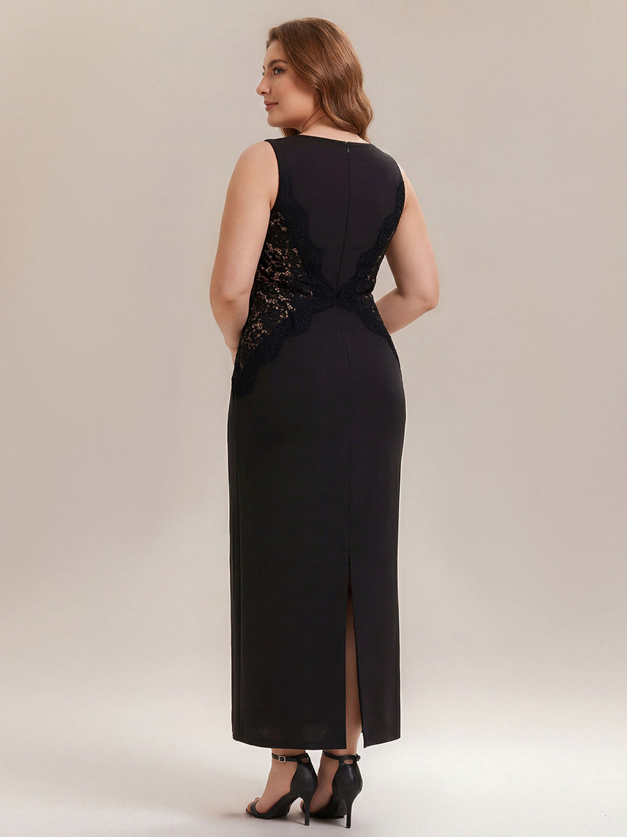 Robe maxi moulante sans bretelles en jersey extensible avec col rond et dentelle à frange #Couleur_Noir