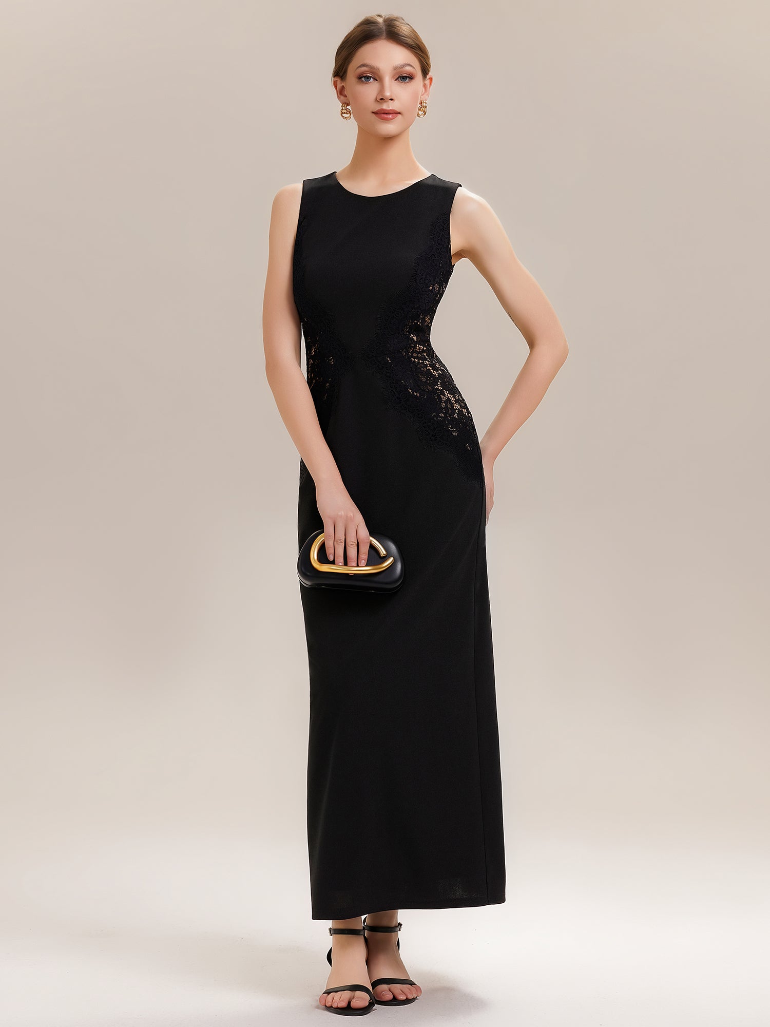 Robe maxi moulante sans bretelles en jersey extensible avec col rond et dentelle à frange #Couleur_Noir