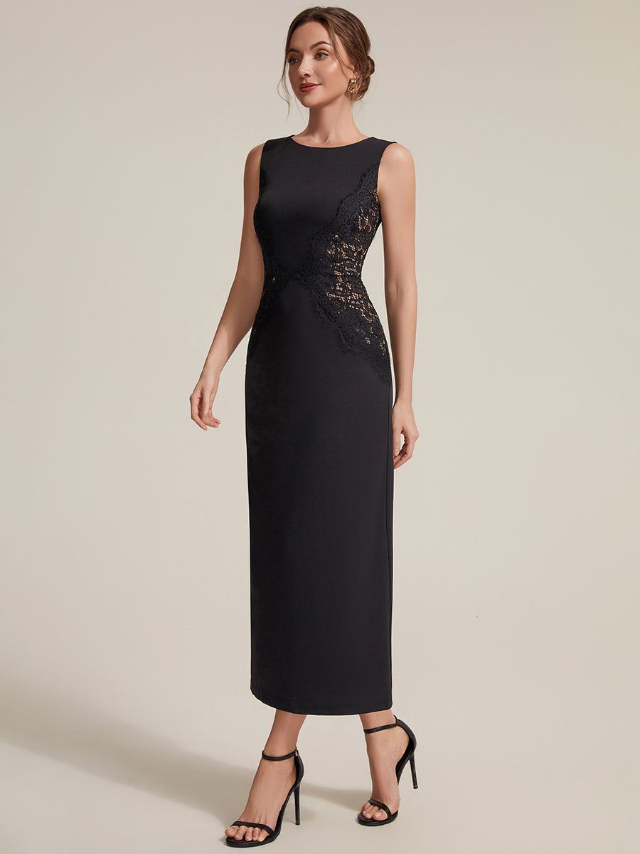 Robe maxi moulante sans bretelles en jersey extensible avec col rond et dentelle à frange #Couleur_Noir