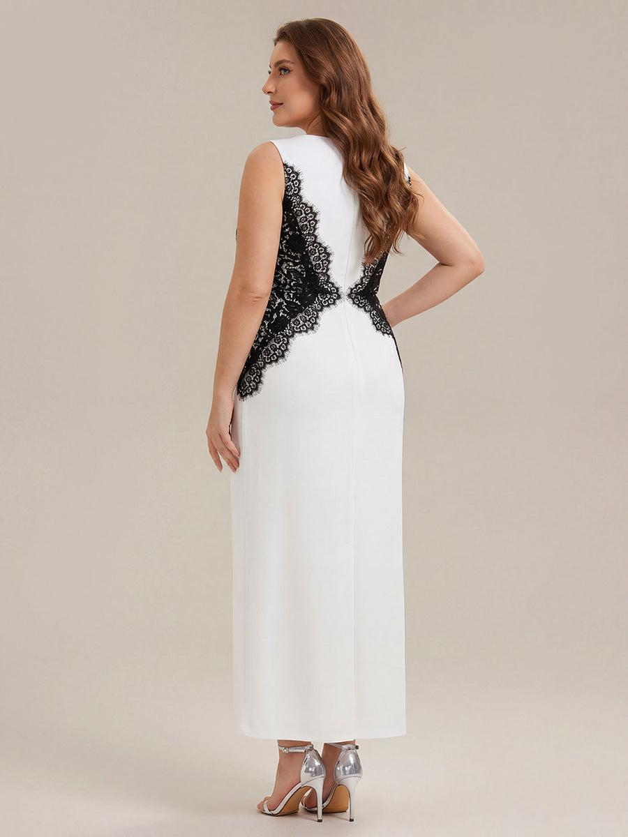 Robe maxi moulante sans bretelles en jersey extensible avec col rond et dentelle à frange #Couleur_Noir d'ivoire