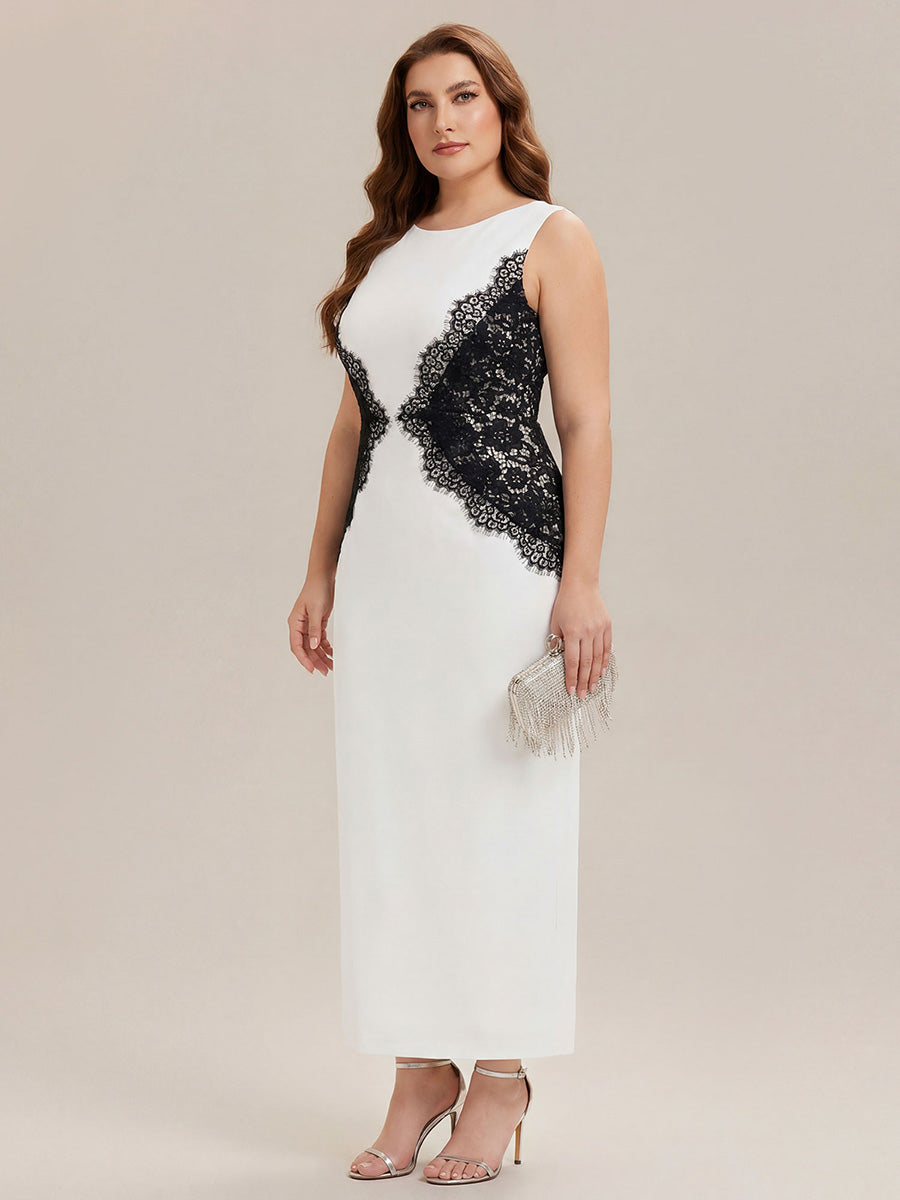 Robe maxi moulante sans bretelles en jersey extensible avec col rond et dentelle à frange #Couleur_Noir d'ivoire