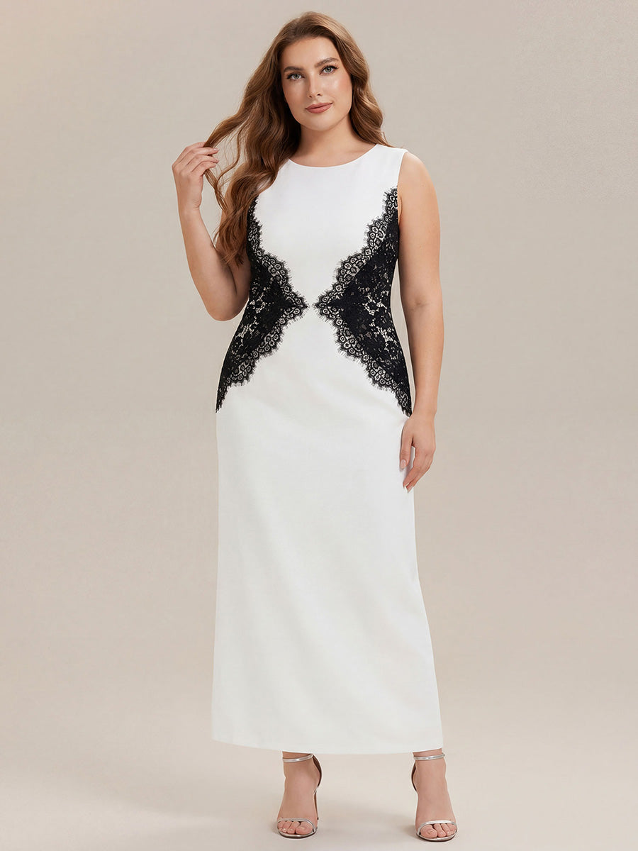 Robe maxi moulante sans bretelles en jersey extensible avec col rond et dentelle à frange #Couleur_Noir d'ivoire