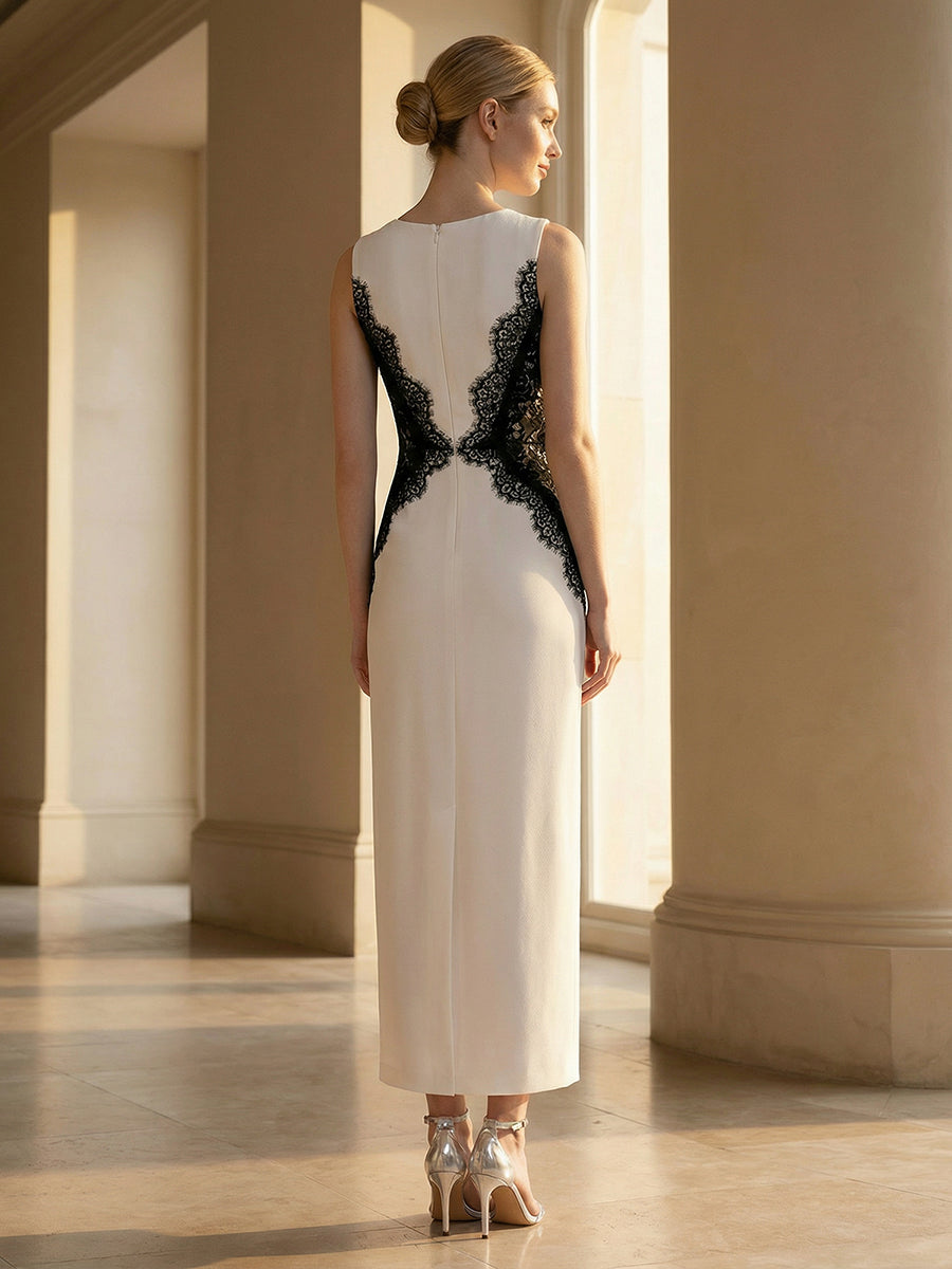 Robe maxi moulante sans bretelles en jersey extensible avec col rond et dentelle à frange #Couleur_Noir d'ivoire