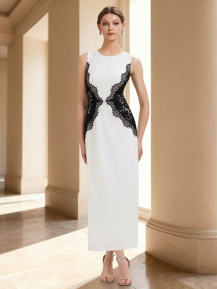 Robe maxi moulante sans bretelles en jersey extensible avec col rond et dentelle à frange #Couleur_Noir d'ivoire