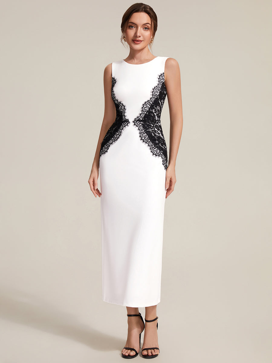 Robe maxi moulante sans bretelles en jersey extensible avec col rond et dentelle à frange #Couleur_Noir d'ivoire