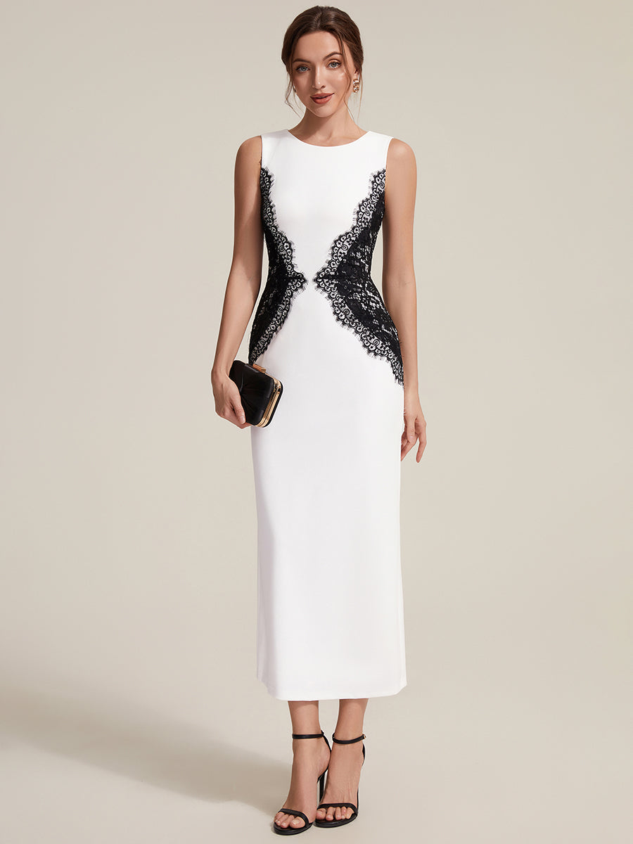 Robe maxi moulante sans bretelles en jersey extensible avec col rond et dentelle à frange #Couleur_Noir d'ivoire