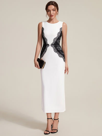 ever IVORY|Robe maxi moulante sans bretelles en jersey extensible avec col rond et dentelle à frange