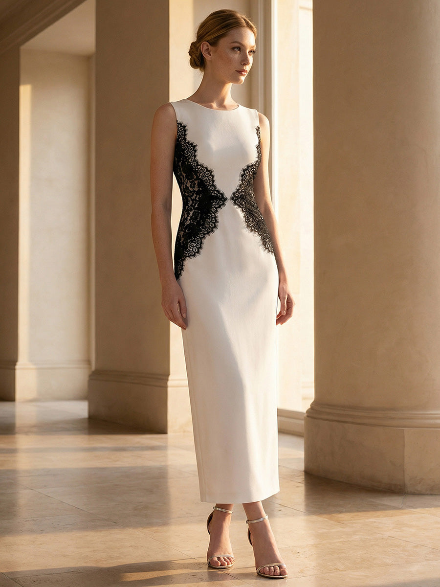 Robe maxi moulante sans bretelles en jersey extensible avec col rond et dentelle à frange #Couleur_Noir d'ivoire