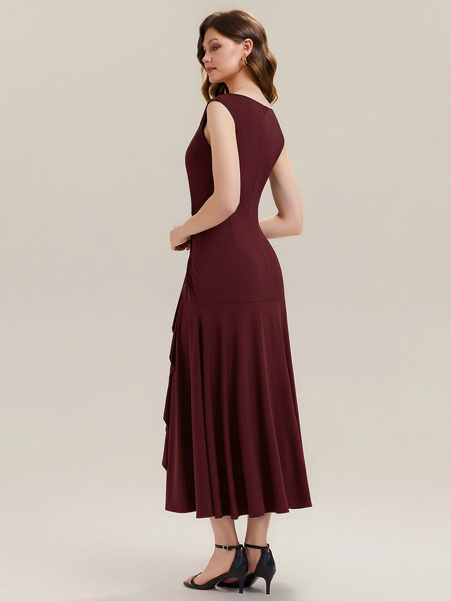 Robe maxi sirène asymétrique sans bretelles avec volants et haute élasticité #Couleur_Bordeaux