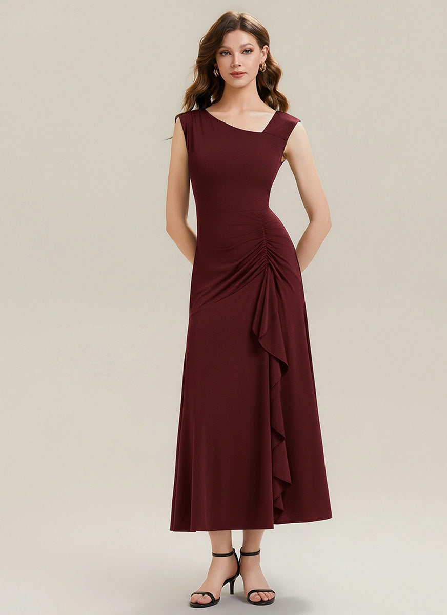 Robe maxi sirène asymétrique sans bretelles avec volants et haute élasticité #Couleur_Bordeaux