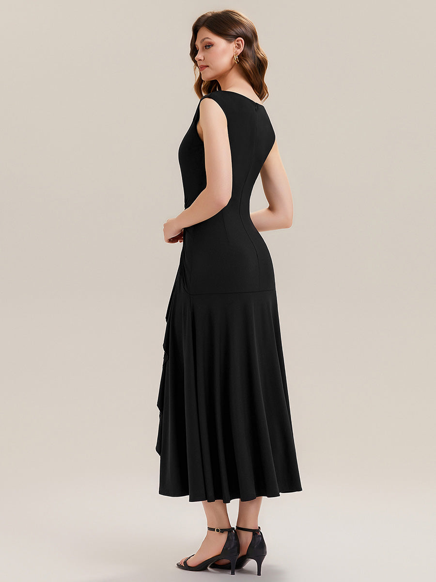 Robe maxi sirène asymétrique sans bretelles avec volants et haute élasticité #Couleur_Noir