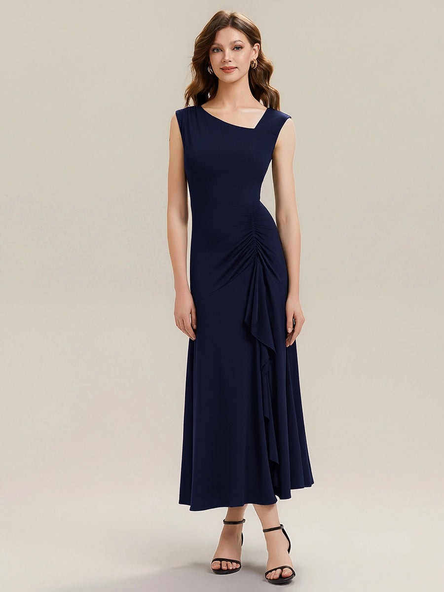 Robe maxi sirène asymétrique sans bretelles avec volants et haute élasticité #Couleur_Bleu Marine