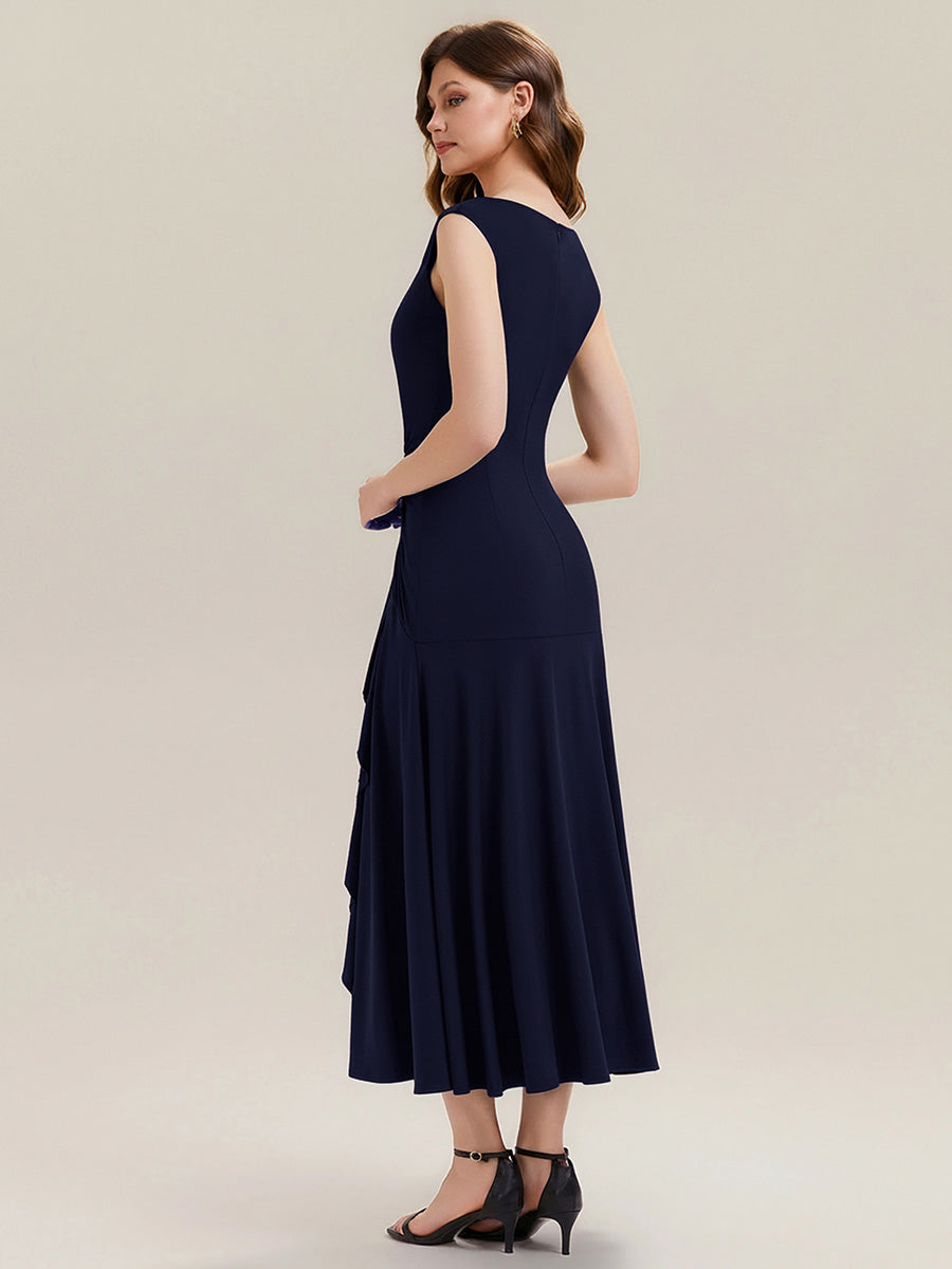 Robe maxi sirène asymétrique sans bretelles avec volants et haute élasticité #Couleur_Bleu Marine