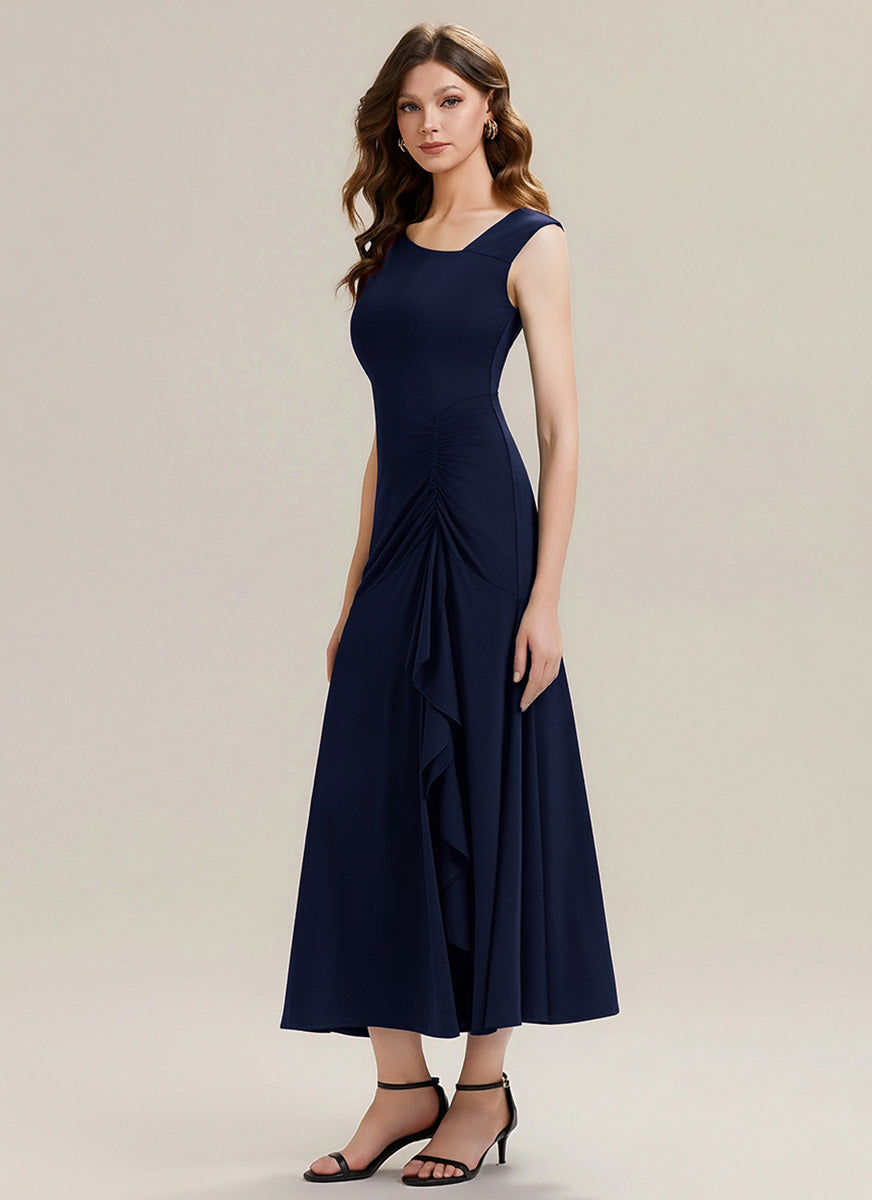 Robe maxi sirène asymétrique sans bretelles avec volants et haute élasticité #Couleur_Bleu Marine
