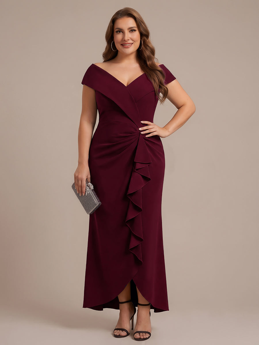 Robe sir¨¨ne ¨¤ encolure en V asym¨¦trique avec volants et fermeture ¨¦clair au dos sans manches tr¨¨s extensible #Couleur_Bordeaux