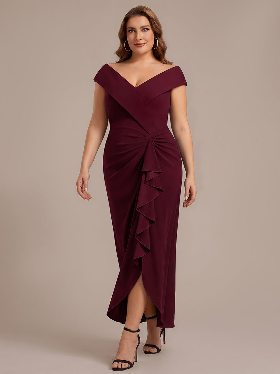 Robe sir¨¨ne ¨¤ encolure en V asym¨¦trique avec volants et fermeture ¨¦clair au dos sans manches tr¨¨s extensible #Couleur_Bordeaux