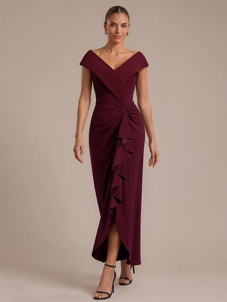 Robe sir¨¨ne ¨¤ encolure en V asym¨¦trique avec volants et fermeture ¨¦clair au dos sans manches tr¨¨s extensible #Couleur_Bordeaux