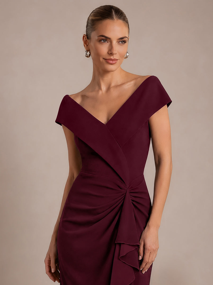 Robe sir¨¨ne ¨¤ encolure en V asym¨¦trique avec volants et fermeture ¨¦clair au dos sans manches tr¨¨s extensible #Couleur_Bordeaux