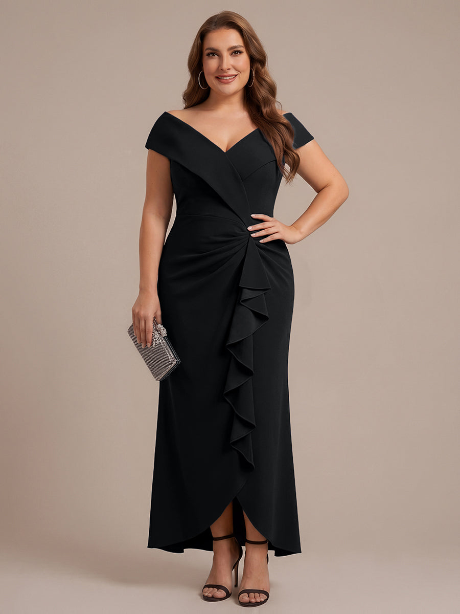 Robe sir¨¨ne ¨¤ encolure en V asym¨¦trique avec volants et fermeture ¨¦clair au dos sans manches tr¨¨s extensible #Couleur_Noir