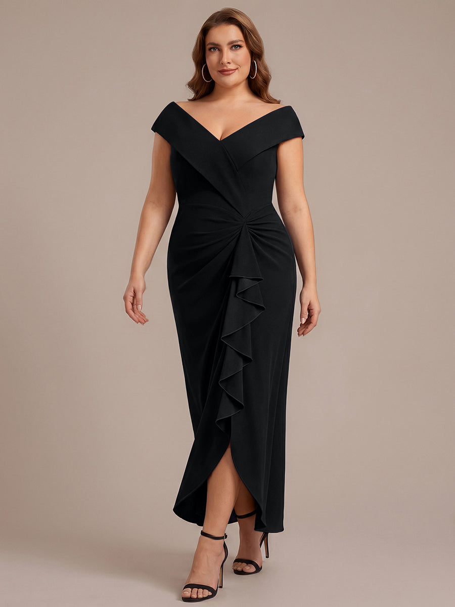 Robe sir¨¨ne ¨¤ encolure en V asym¨¦trique avec volants et fermeture ¨¦clair au dos sans manches tr¨¨s extensible #Couleur_Noir