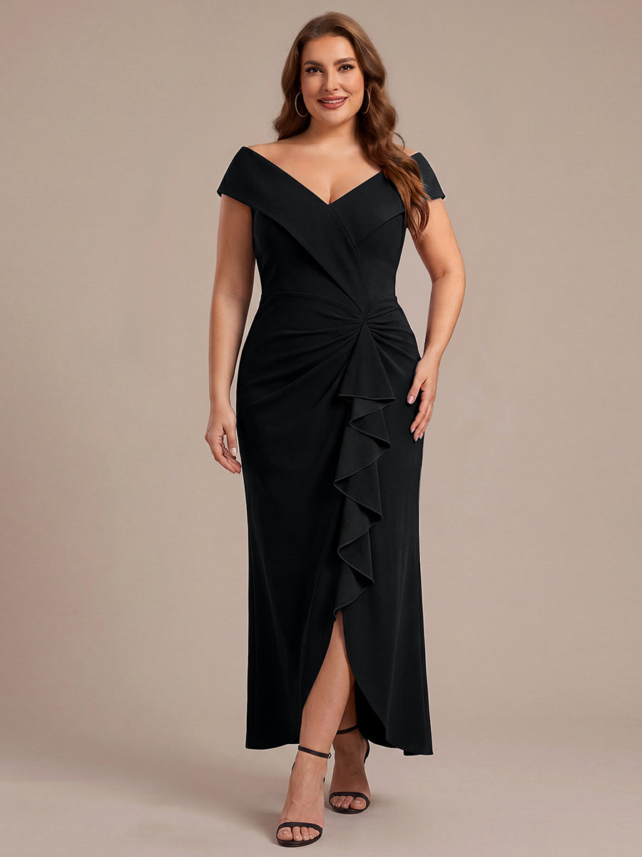 Robe sir¨¨ne ¨¤ encolure en V asym¨¦trique avec volants et fermeture ¨¦clair au dos sans manches tr¨¨s extensible #Couleur_Noir