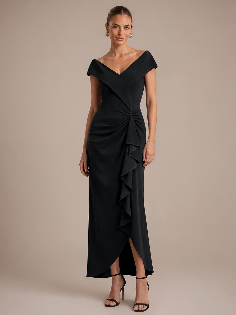 Robe sir¨¨ne ¨¤ encolure en V asym¨¦trique avec volants et fermeture ¨¦clair au dos sans manches tr¨¨s extensible #Couleur_Noir