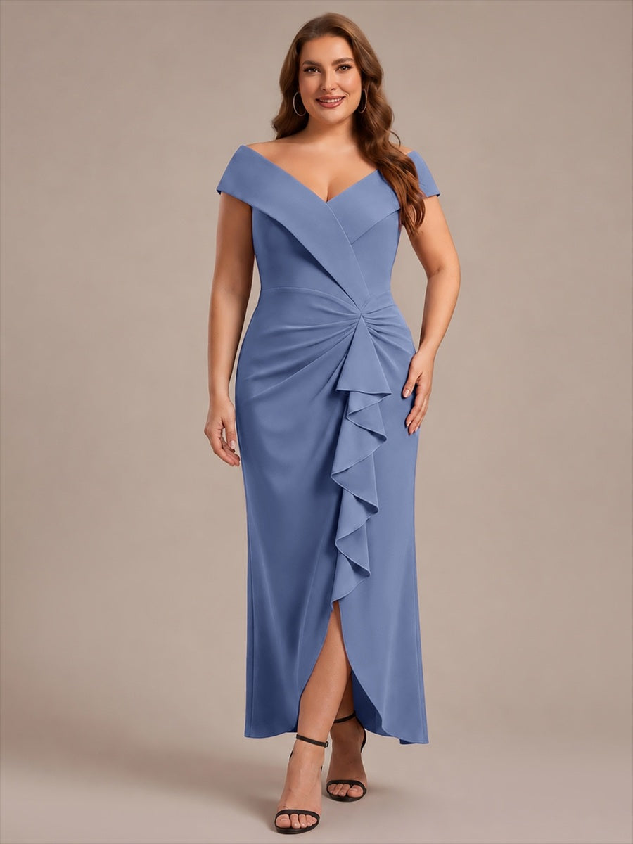 Robe sir¨¨ne ¨¤ encolure en V asym¨¦trique avec volants et fermeture ¨¦clair au dos sans manches tr¨¨s extensible #Couleur_Marine Fume