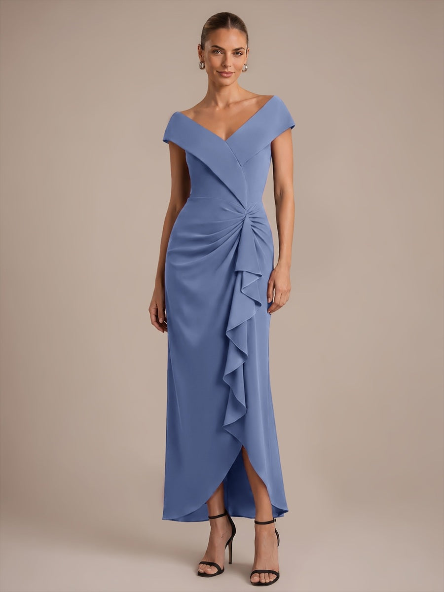 Robe sir¨¨ne ¨¤ encolure en V asym¨¦trique avec volants et fermeture ¨¦clair au dos sans manches tr¨¨s extensible #Couleur_Marine Fume