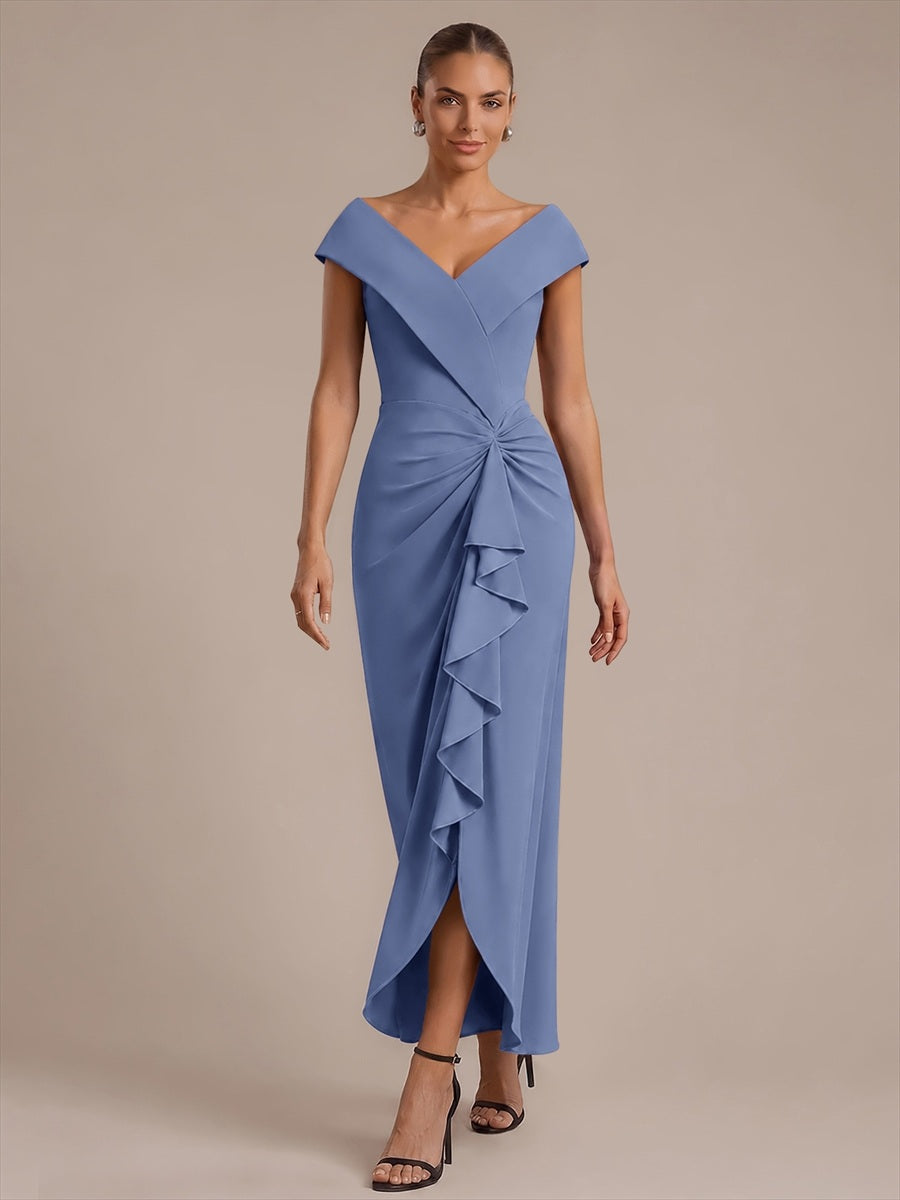 Robe sir¨¨ne ¨¤ encolure en V asym¨¦trique avec volants et fermeture ¨¦clair au dos sans manches tr¨¨s extensible #Couleur_Marine Fume