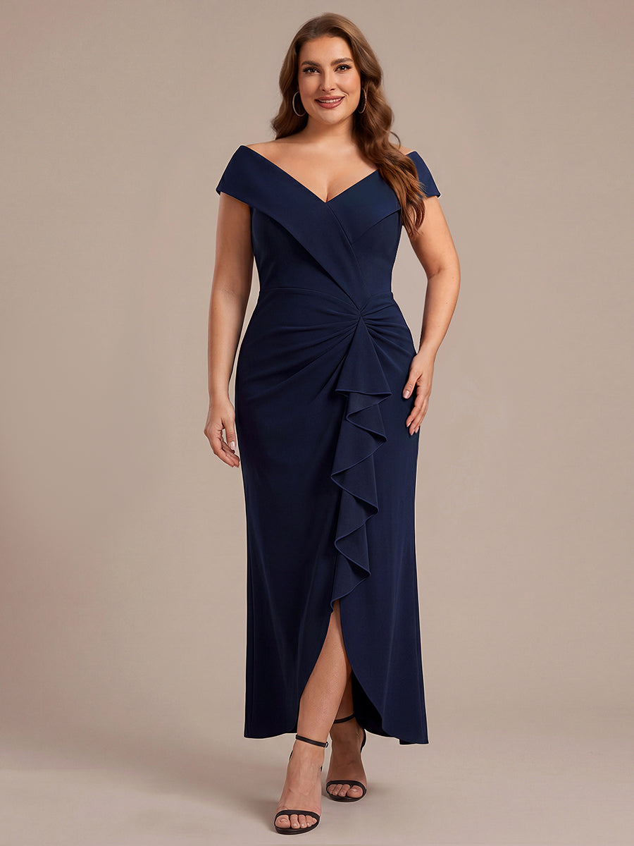 Robe sir¨¨ne ¨¤ encolure en V asym¨¦trique avec volants et fermeture ¨¦clair au dos sans manches tr¨¨s extensible #Couleur_Bleu Marine