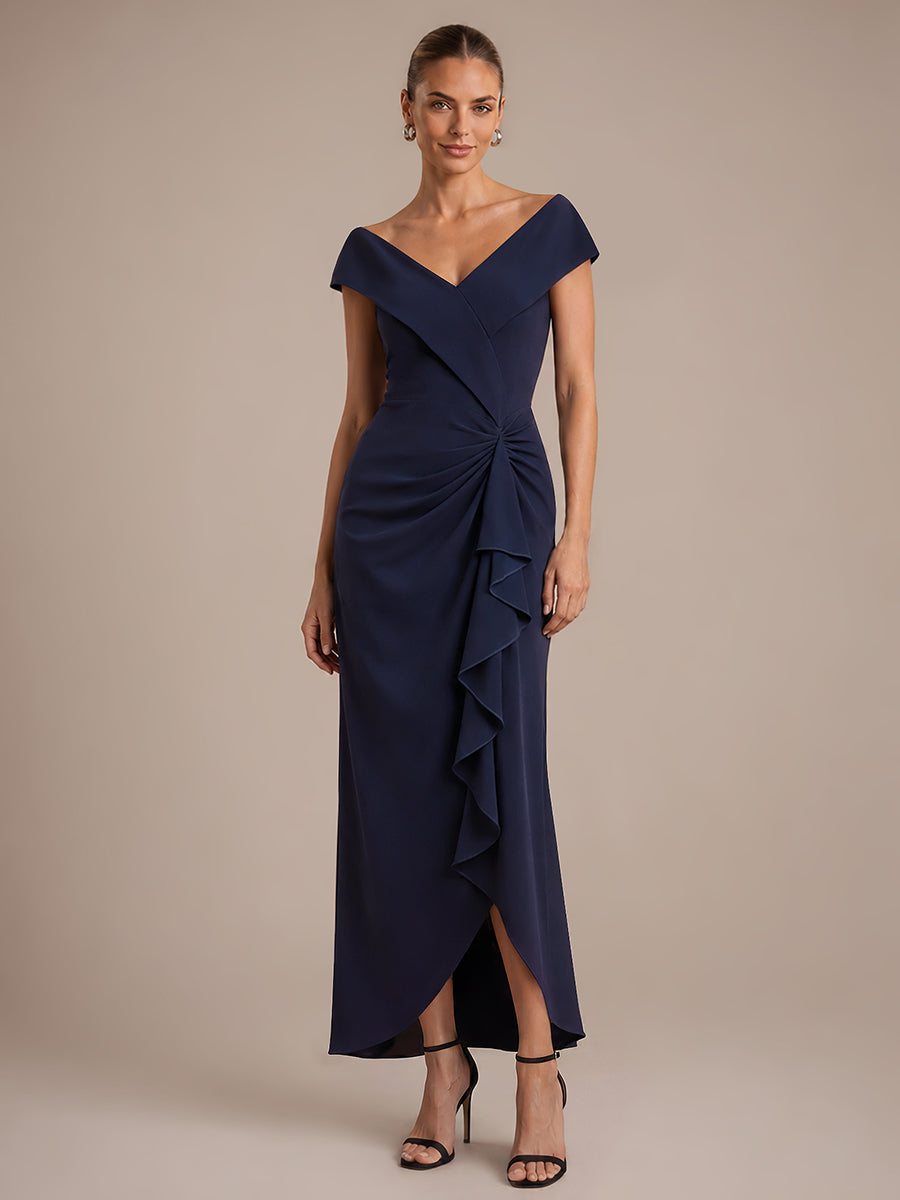 Robe sir¨¨ne ¨¤ encolure en V asym¨¦trique avec volants et fermeture ¨¦clair au dos sans manches tr¨¨s extensible #Couleur_Bleu Marine