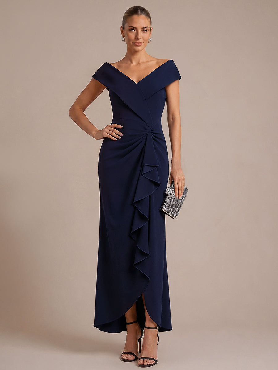 Robe sir¨¨ne ¨¤ encolure en V asym¨¦trique avec volants et fermeture ¨¦clair au dos sans manches tr¨¨s extensible #Couleur_Bleu Marine