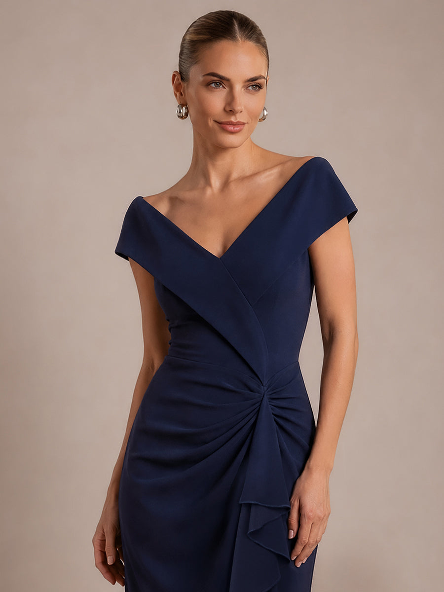 Robe sir¨¨ne ¨¤ encolure en V asym¨¦trique avec volants et fermeture ¨¦clair au dos sans manches tr¨¨s extensible #Couleur_Bleu Marine