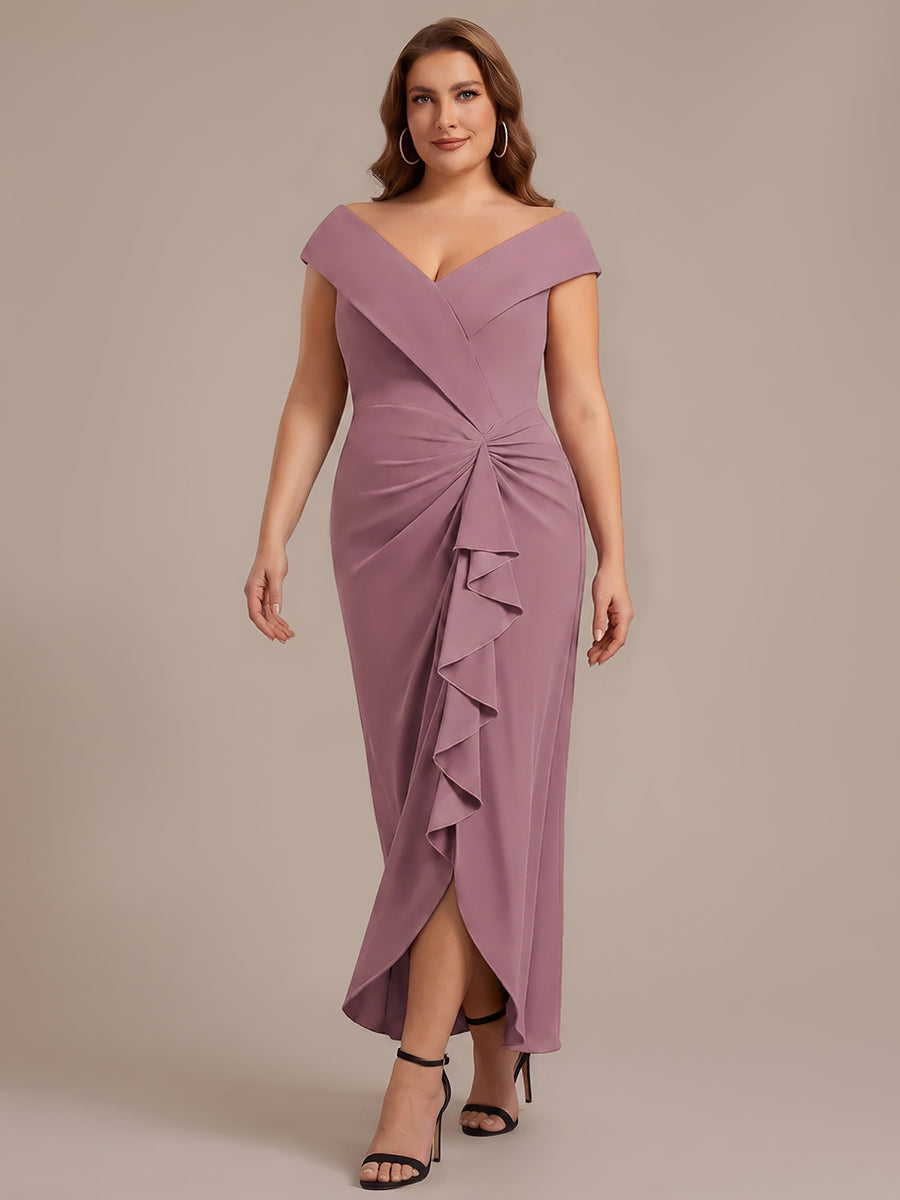 Robe sir¨¨ne ¨¤ encolure en V asym¨¦trique avec volants et fermeture ¨¦clair au dos sans manches tr¨¨s extensible #Couleur_Orchidee