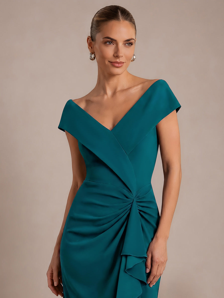Robe sir¨¨ne ¨¤ encolure en V asym¨¦trique avec volants et fermeture ¨¦clair au dos sans manches tr¨¨s extensible #Couleur_Bleu Canard