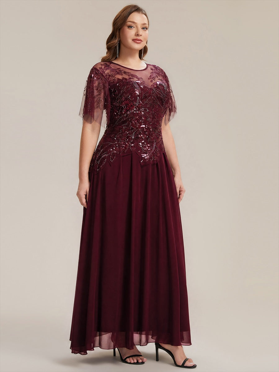robe longue évasée à manches courtes avec volants sequins et broderies #Couleur_Bordeaux